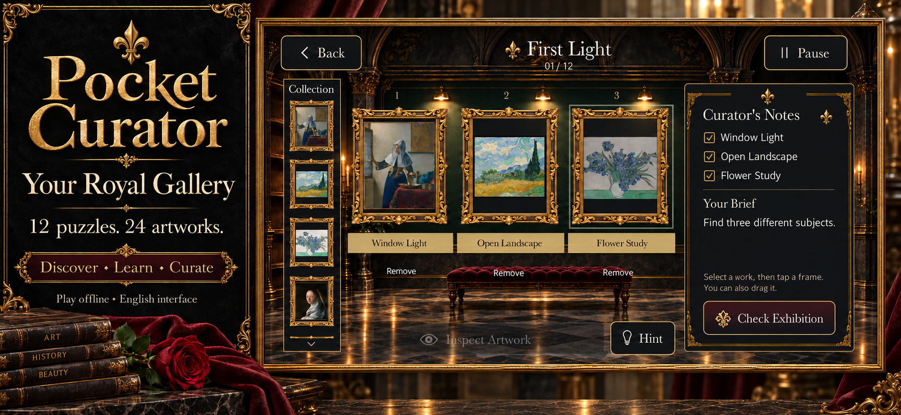 Pocket Curator — a dark royal gallery with classical ornament
